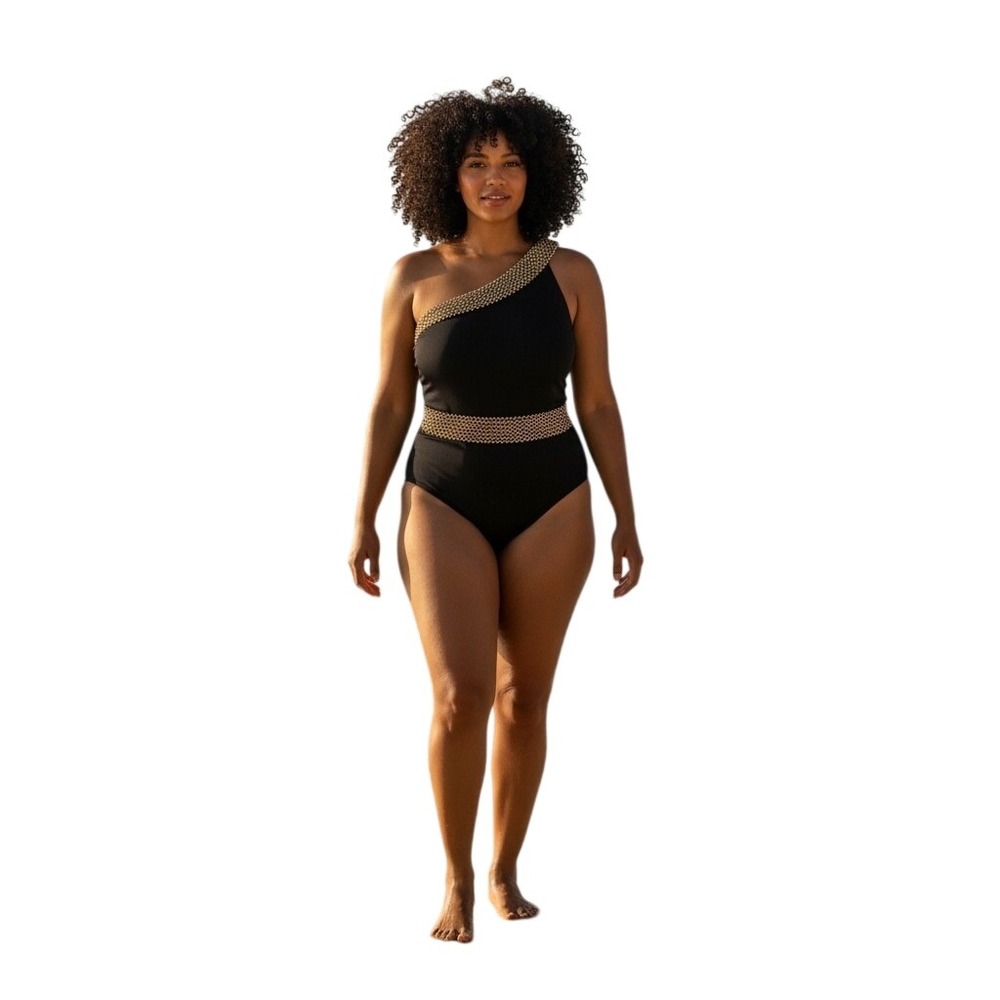 Cupshie One Shoulder Swimsuit Womens Large Black Gold Sequin Ribbed One Piece